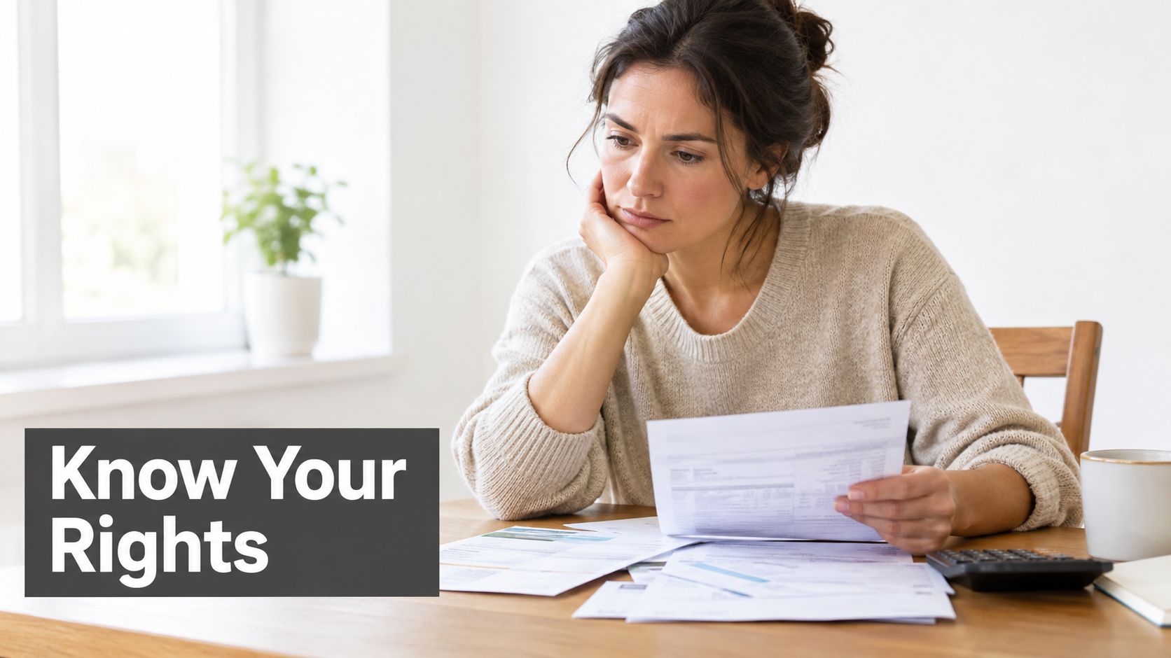 A concerned woman sitting at a table reviewing financial documents while focusing on debt collection defense rights.