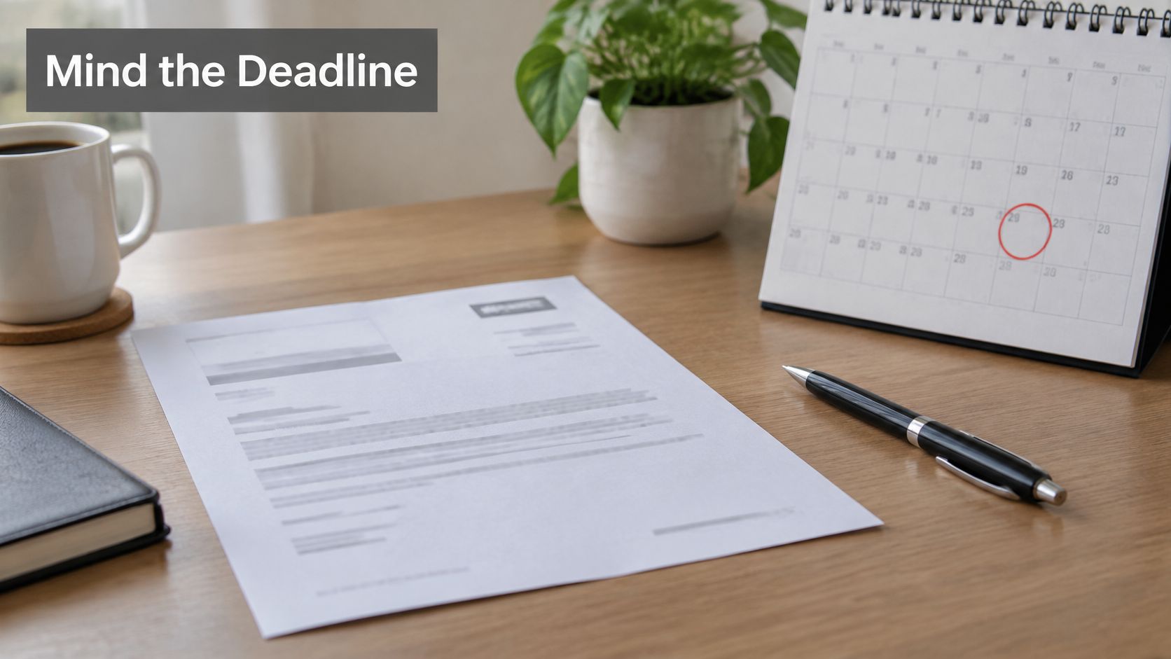 A wooden desk with a document, a pen, a coffee cup, and a calendar marked with a deadline.