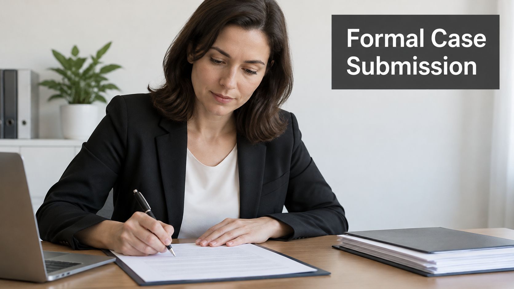 A professional woman in a suit signs a formal document at her office desk with a laptop.
