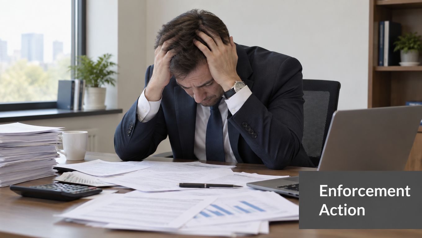 A stressed businessman in a suit sitting at a cluttered desk with his head in his hands.