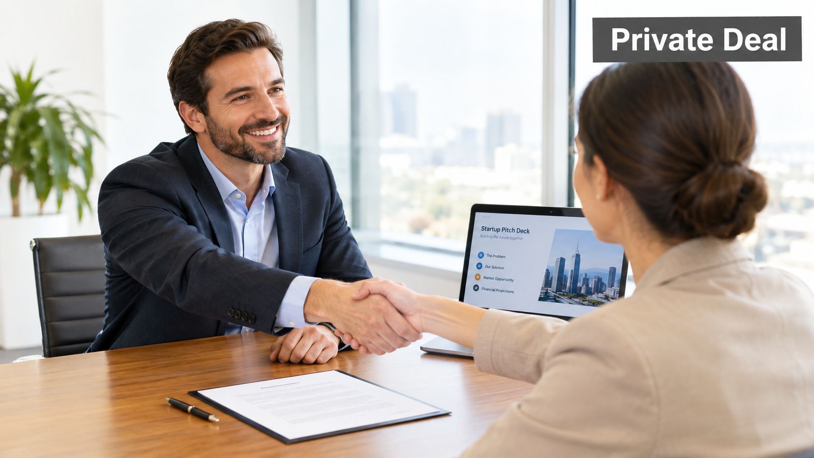 A smiling businessman shakes hands with a woman across a wooden table during a private deal meeting.