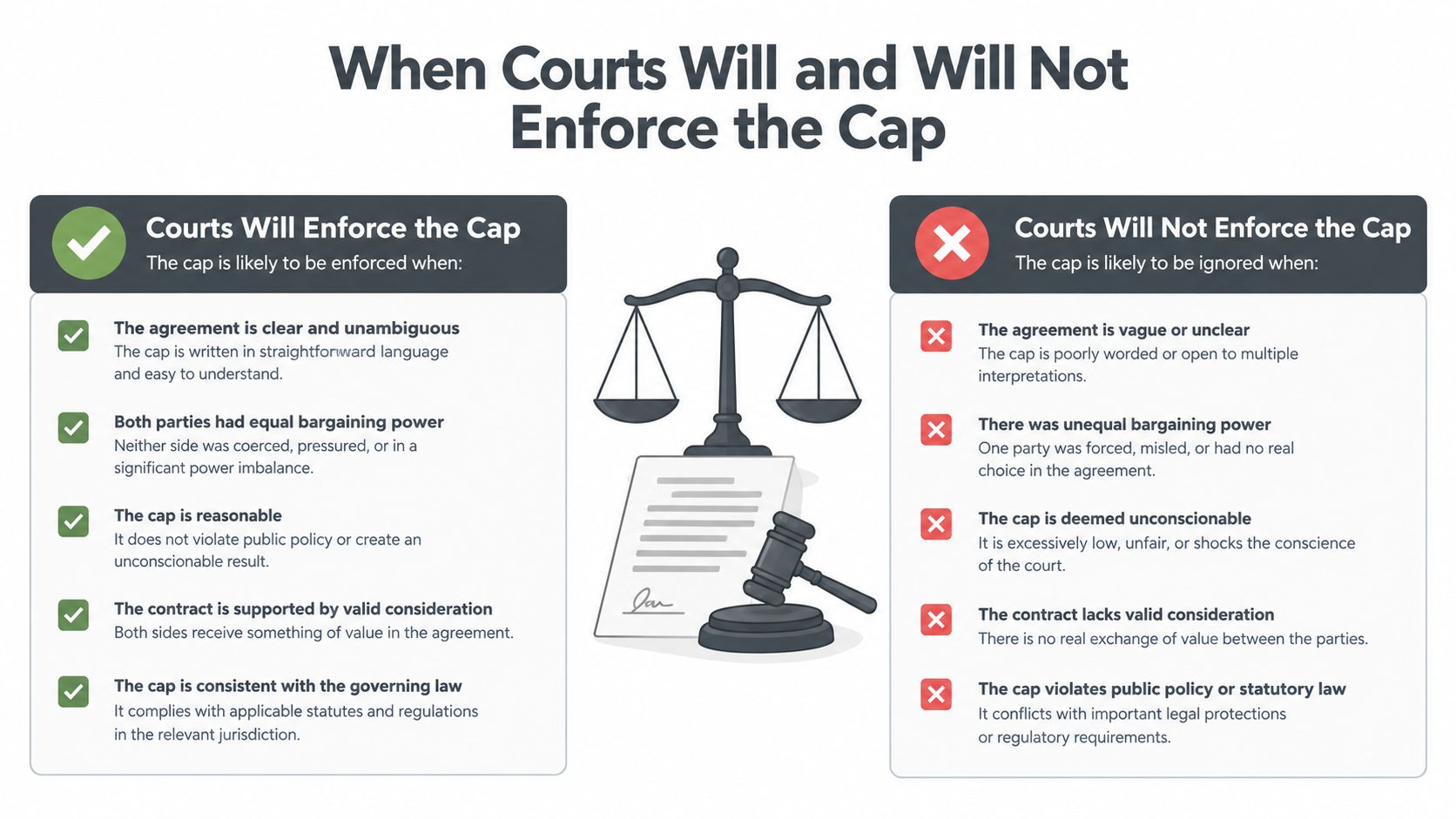 An infographic showing factors that determine whether a court will enforce or ignore a contract liability cap.