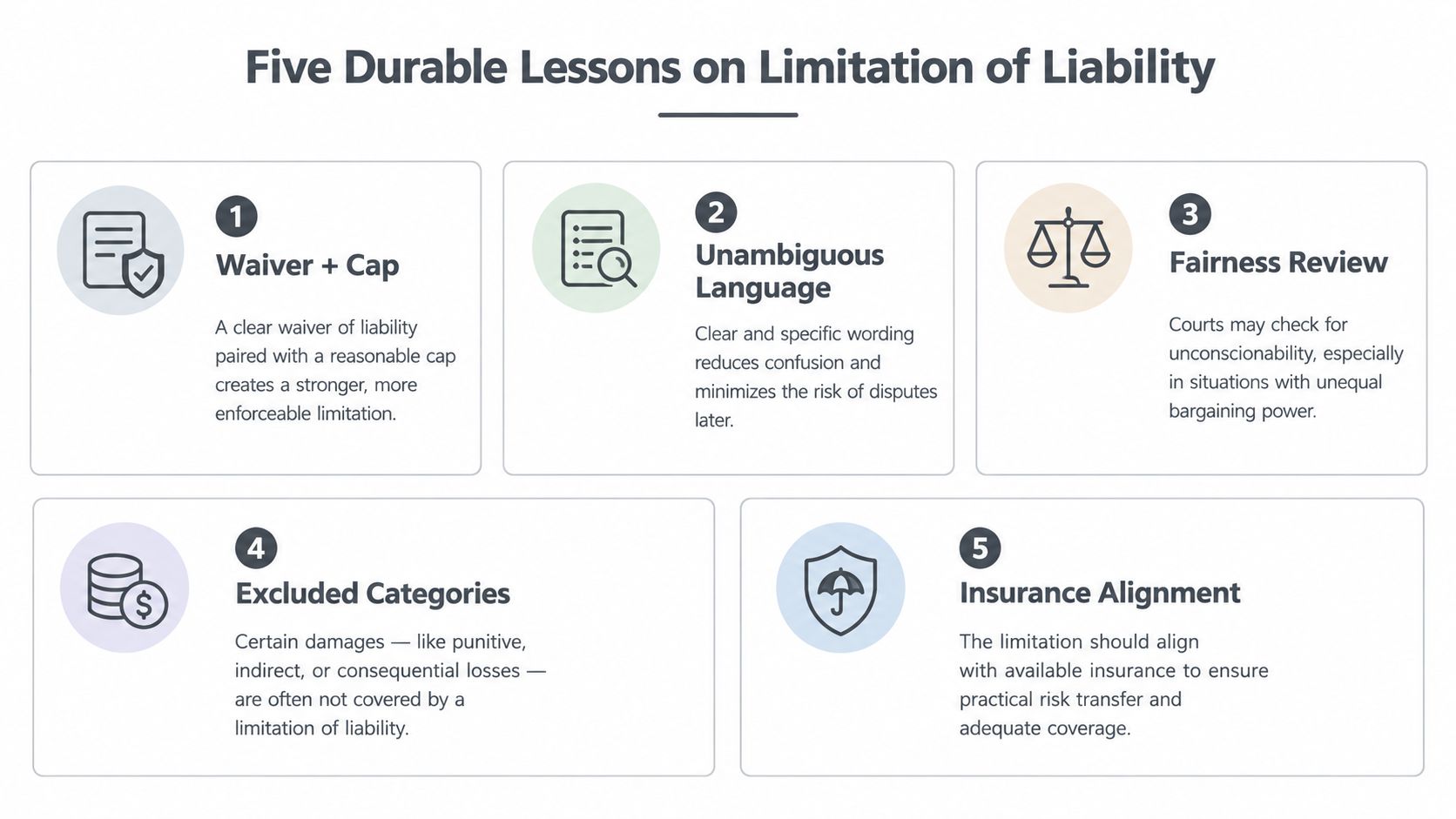 A diagram outlining five key principles for effectively managing legal limitations of liability in business contracts.