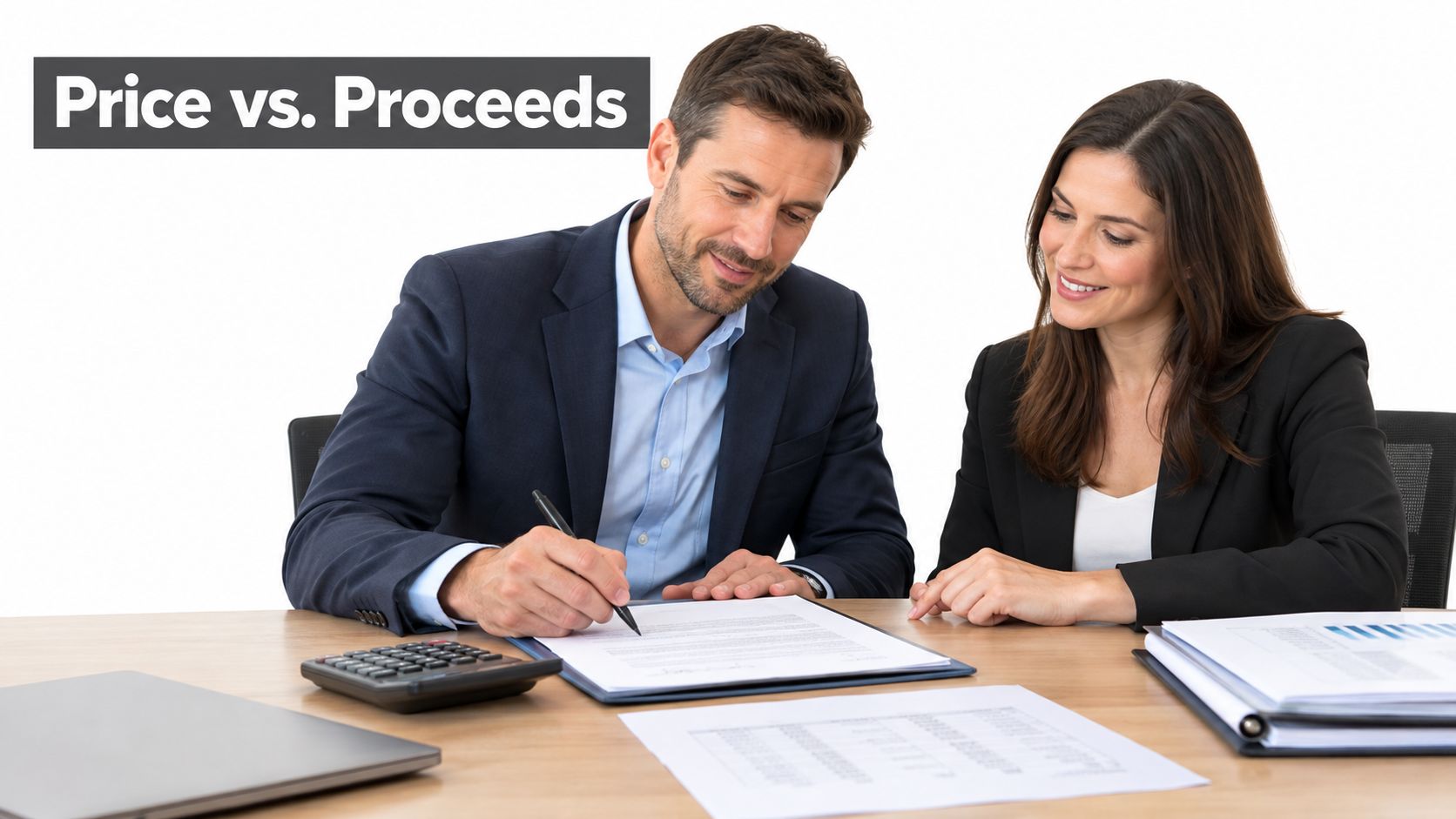 A professional man and woman review and sign business documents at a desk during a meeting.