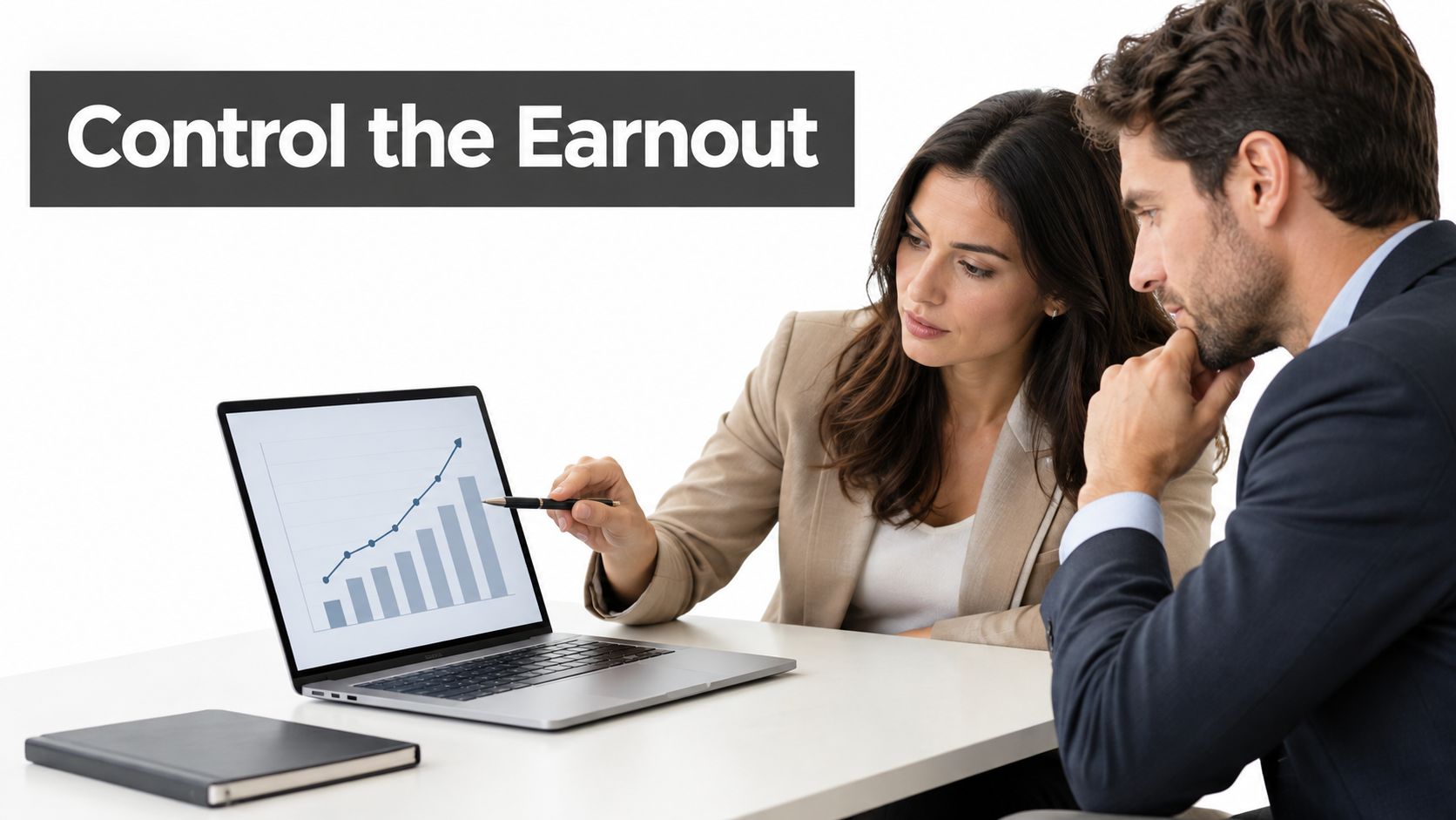 A professional woman in a blazer points to an upward trending business graph on a laptop screen.