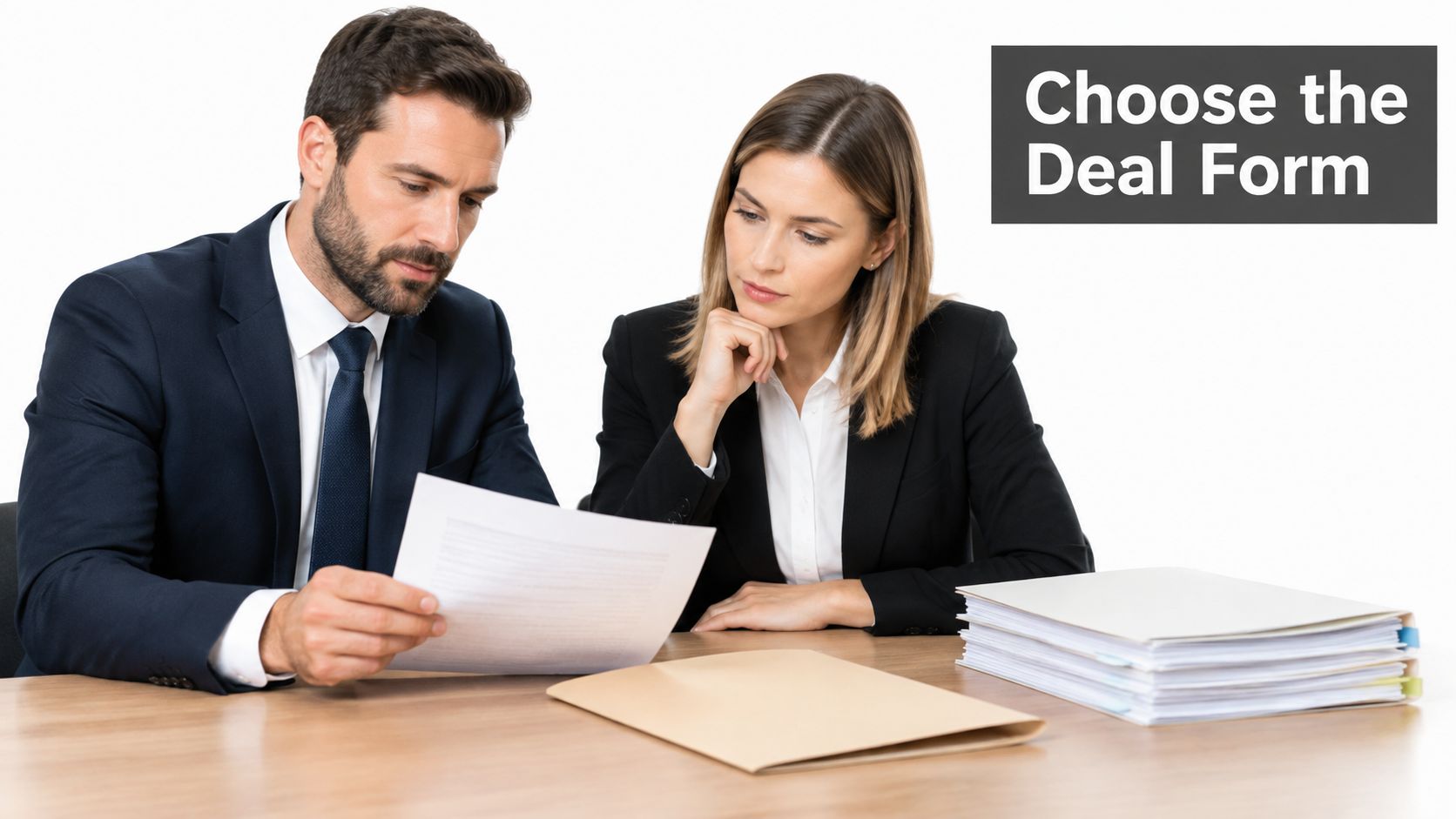 A professional man and woman in business suits reviewing documents together at a wooden office desk.