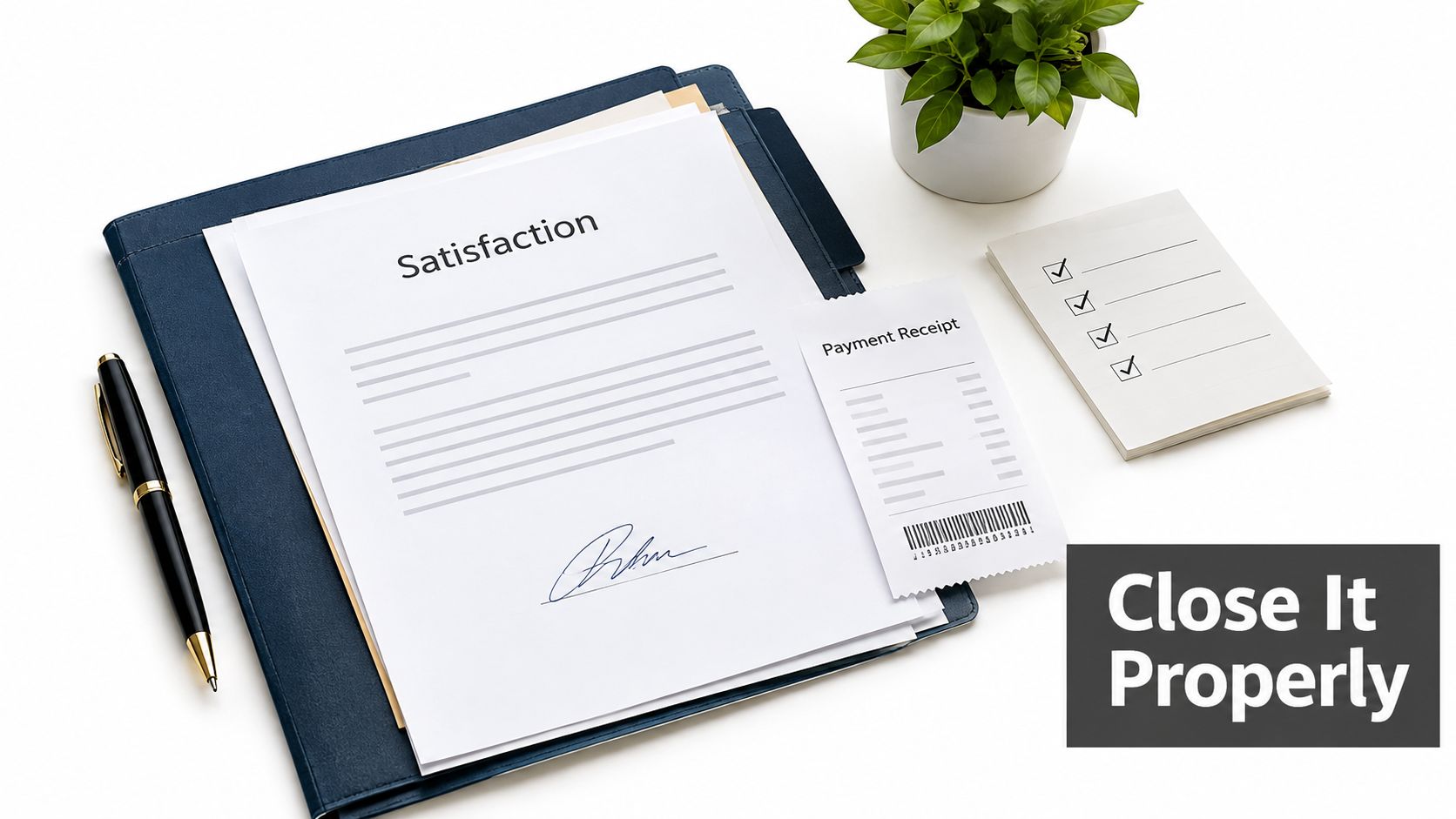 A document titled Satisfaction, a payment receipt, and a checklist on a desk with a pen.