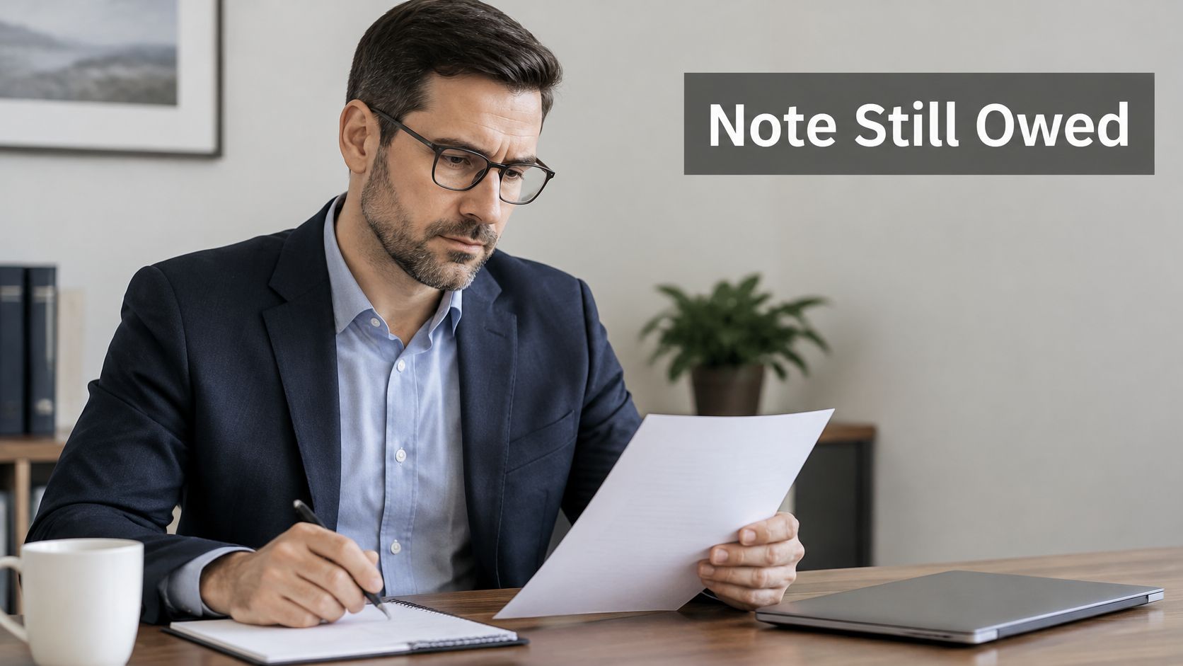 A professional man in a suit reviews a financial document while sitting at his office desk.