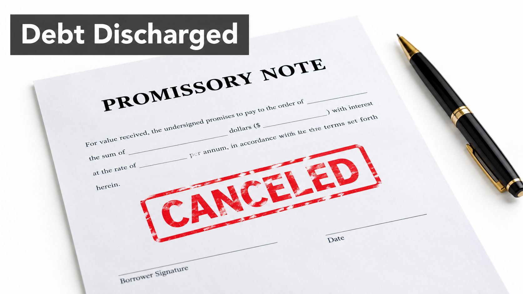 A blank promissory note document marked with a large red canceled stamp on a white background.