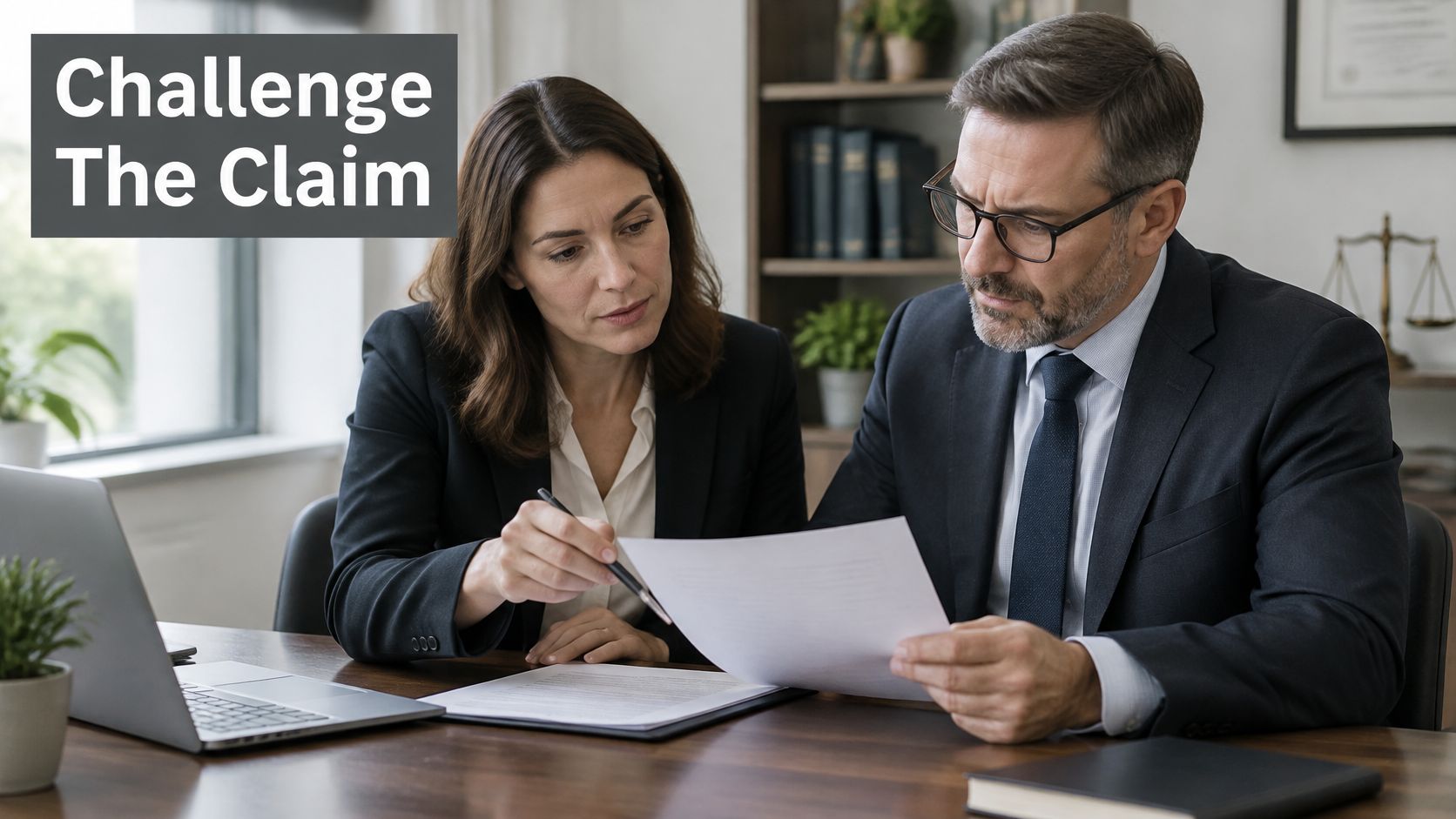 A professional man and woman in business attire reviewing legal documents together at an office desk.